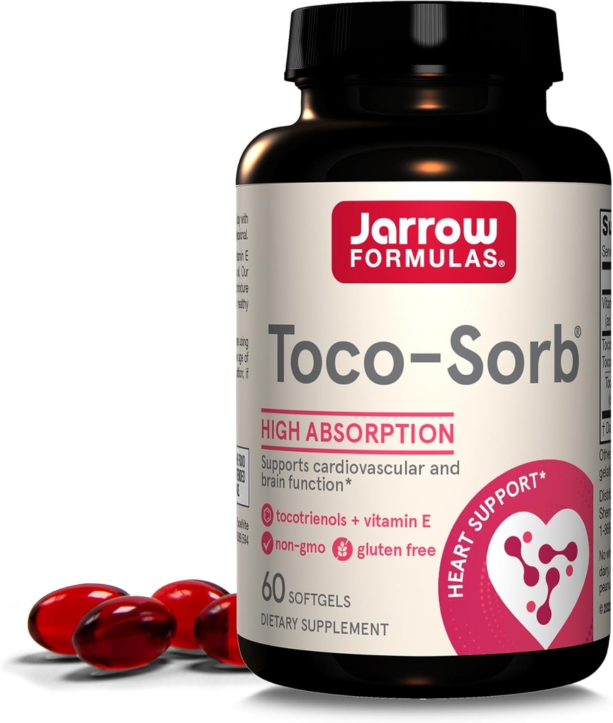 Jarrow Formules® Toco-sorb Santé cardiovasculaire et soutien de la fonction cérébrale, haute formule d'absorption, complexe tocotriéno-tocophérol et vitamine E, 60 softgels, 30 jours d'approvisionnement