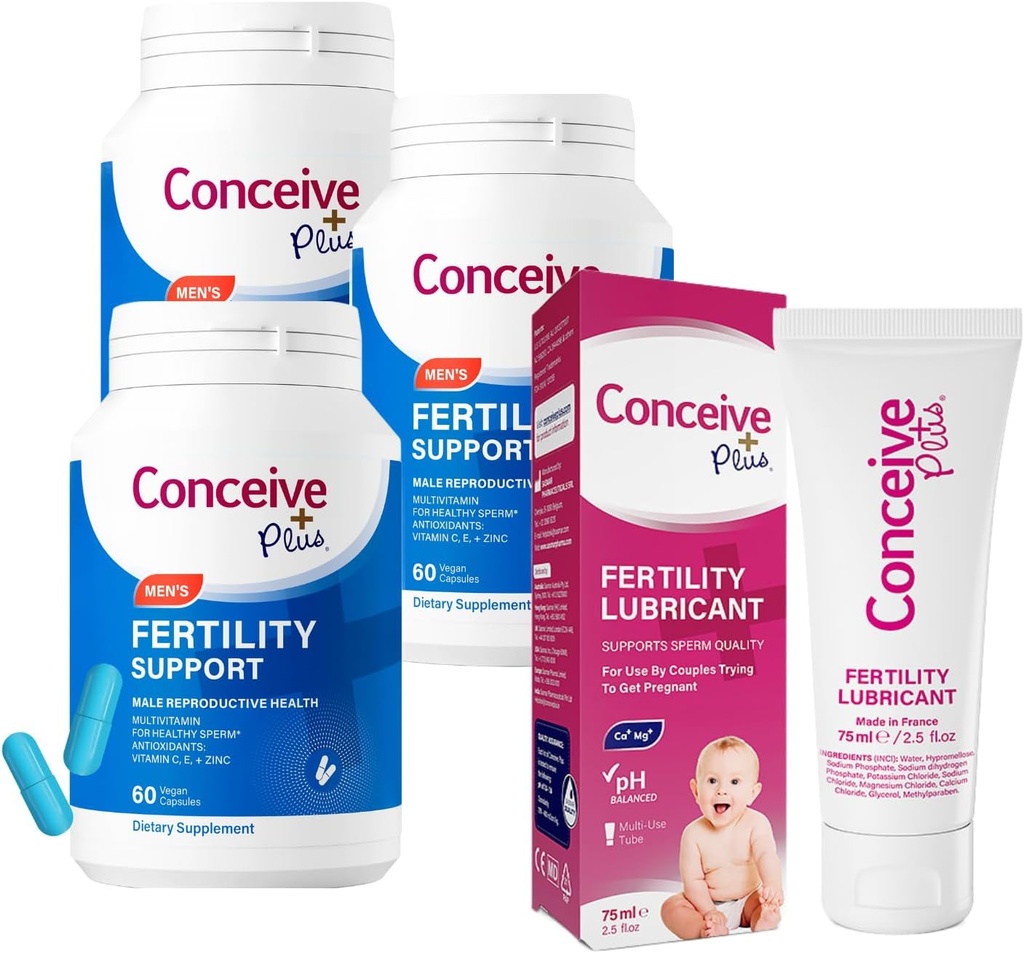 CONCEIVE PLUS Mens Fertility Bundle | 3 Months Supply Fertility Vitamin Supplements for Men 3 x 60 Count and Fertility Lubricant 2.5 Ounce