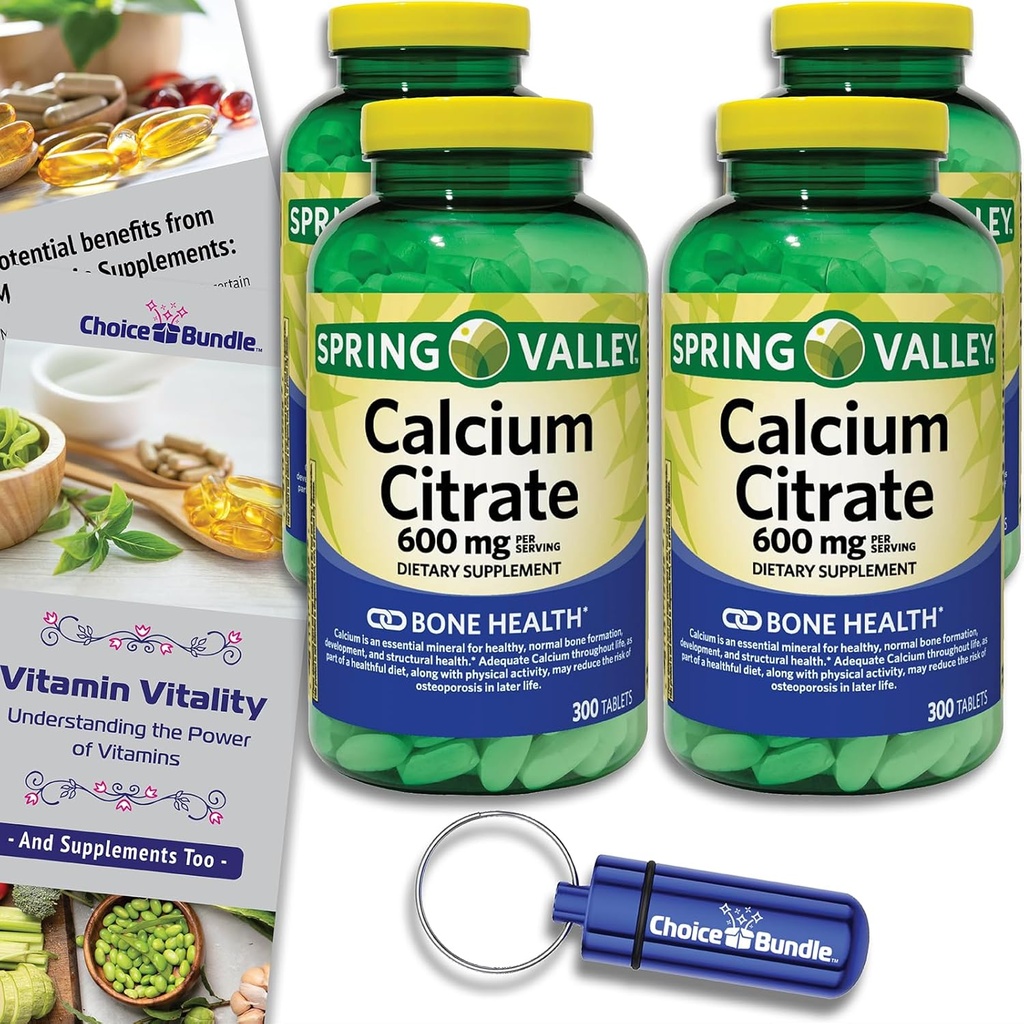 Spring Valley Citrate Comprimés Complément alimentaire 600 mg 300 Ct 4 pk Choice Bundle (1200 Total) + Vitamine Guide & Pill Container (6 articles)!