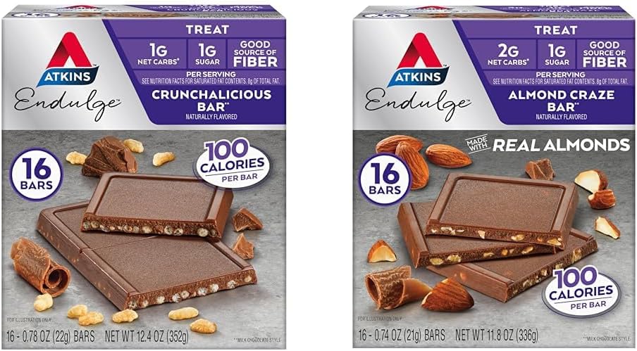 Atkins Endulge Treat Bars, Crunchalicious & Amand Craze Saveurs, 1-2g de glucides nets, 1g de sucre, bonne source de fibre, Keto Friendly, 16 Comte