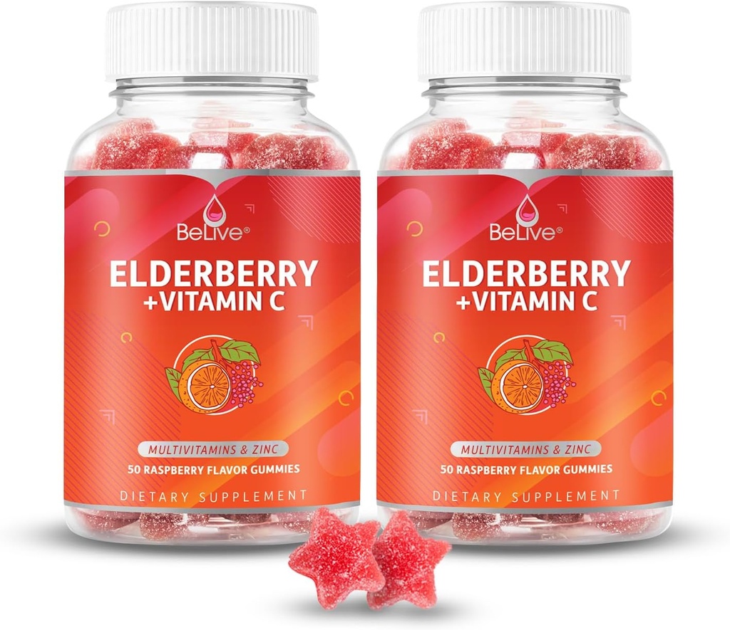 BeLive Elderberry Gummies with Zinc and Vitamin C - Immune Support Supplement with Vitamin D, A, E, B12 - Gummies for Healthy Bones & Teeth, Vegan, Keto & Non-GMO - Raspberry Flavor | 2-Pack