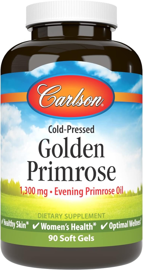 Carlson - Primrose d'or, 1300 mg Huile de Primrose du soir, pression froide, peau saine, santé des femmes et bien-être optimal, 90 softgels