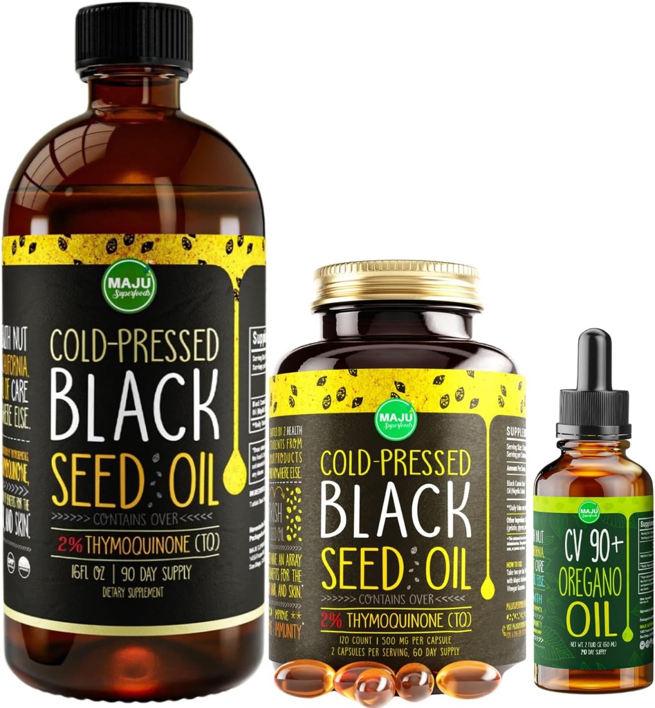 Maju Superfoods Grande huile de graines noires et origan
