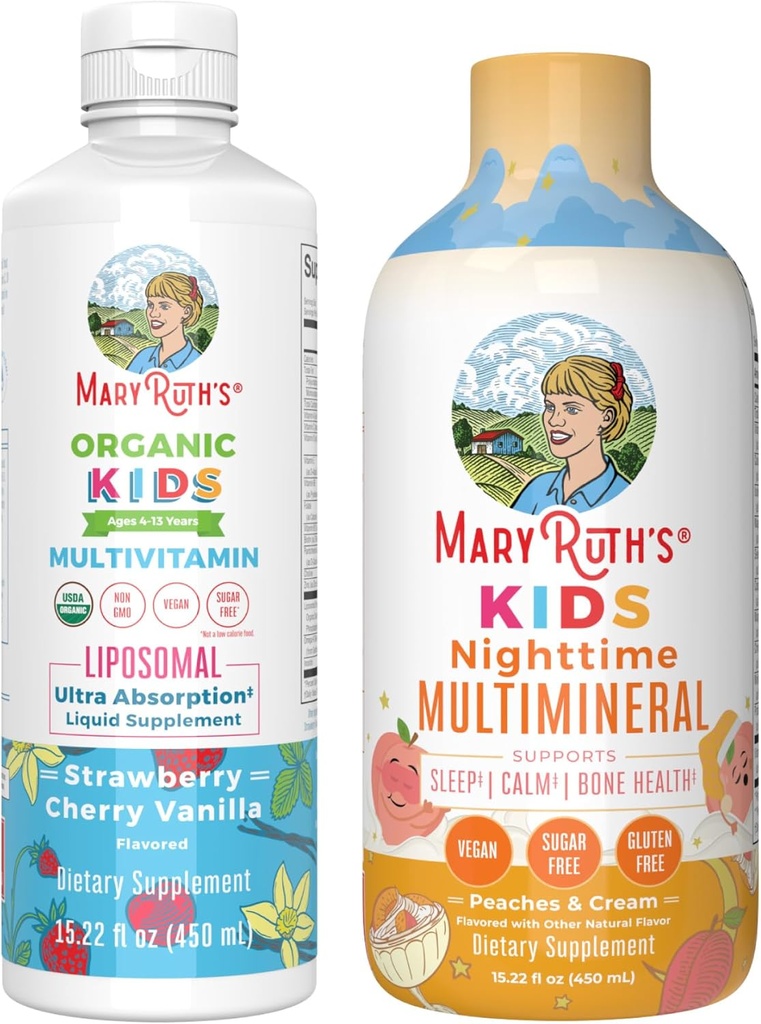 MaryRuth's Nighttime Multimineral (Peaches & Cream) et Multivitamin Liposomal (Strawberry Cherry & Vanilla) pour les enfants.