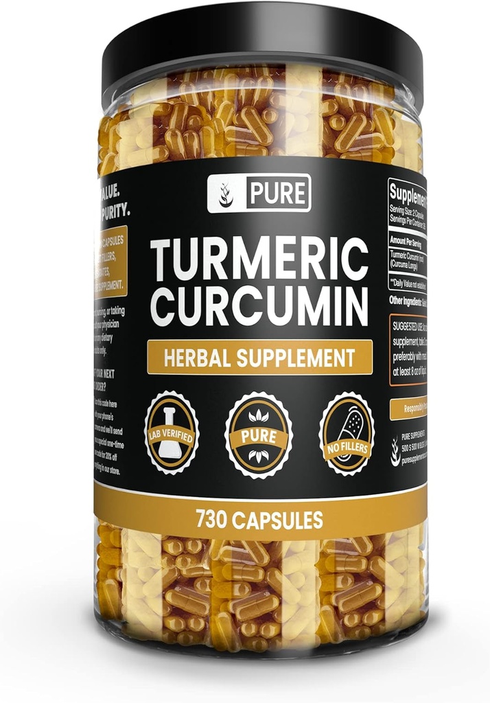 Ingrédients originaux purs Curcumin curcumin 730 Capsules Pas de Magnésium ou de Rice Fillers, Toujours Pure, Verified Lab