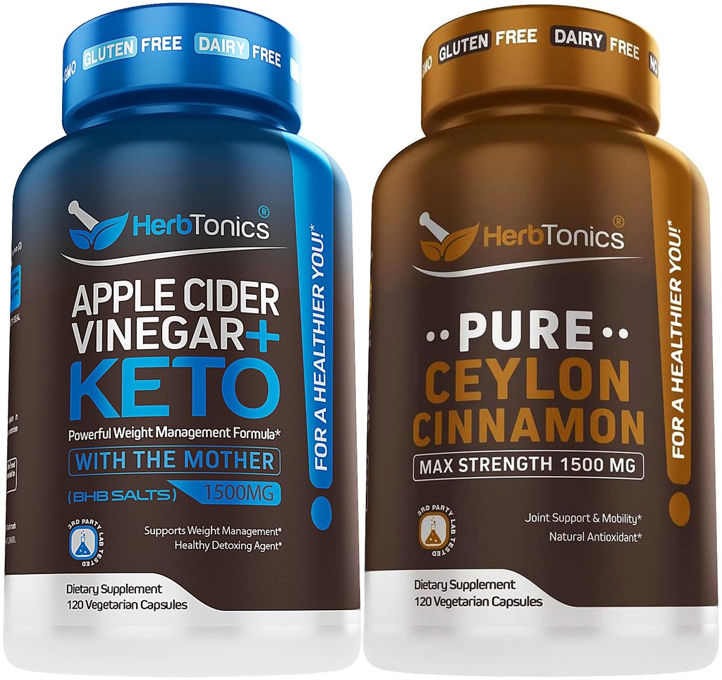Herbtonics Capsules de vinaigre de cidre de pomme Plus Keto BHB , supplément de perte de poids et brûleur de graisse pour les femmes et les hommes - Capsules de cannelle Ceylan Premium - pilules de cannelle efficaces pour améliorer le bien-être