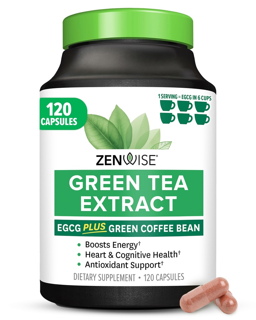 Zenwise Health Capsules d'extrait de thé vert pour les hommes et les femmes - Supplément EGCG avec extrait de café vert stimule l'énergie et la mémoire - Immmune support pour la peau, le cerveau et la santé du coeur - Vegan - 120 comte