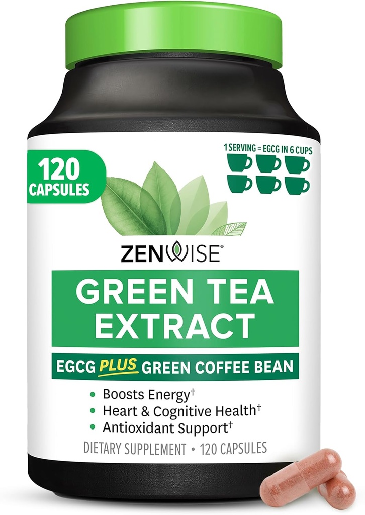 Zenwise Health Capsules d'extrait de thé vert pour les hommes et les femmes - Supplément EGCG avec extrait de café vert stimule l'énergie et la mémoire - Immune support pour la peau, le cerveau et la santé du coeur - Vegan - 120 comte