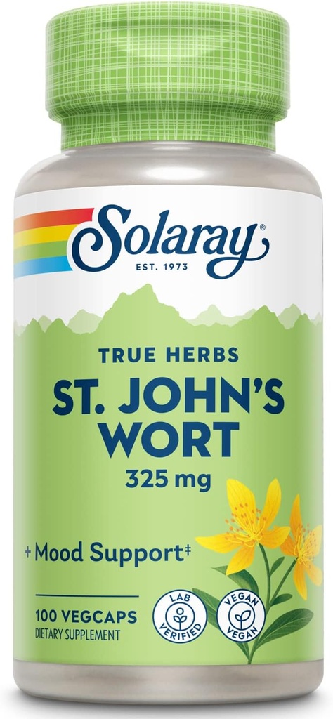 SOLARAY St Johns Wort 325 mg Aérien entier - Supplément de soutien pour la santé et l'humeur - Garantie de remboursement de 60 jours - Non-OGM, végétalien, laboratoire vérifié (100 CT)