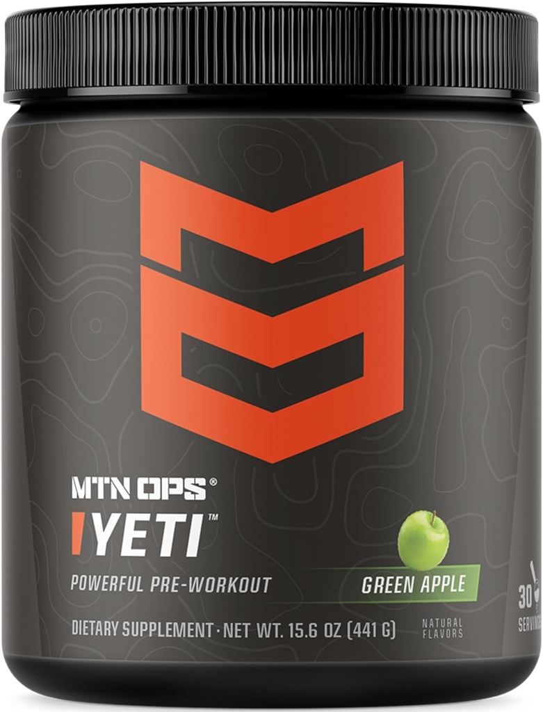 MTN OPS Yeti Pré-Travail en poudre boisson énergétique avec la créatine, 200mg caféine et BCAA avec Beta Alanine, 30-Serving Tub, pomme verte