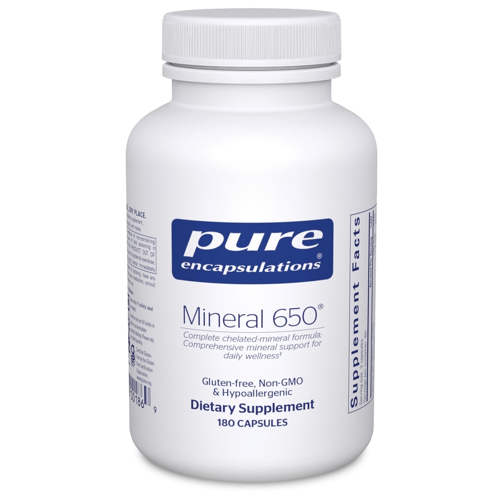 Encapsulations pures Minéral 650. Combinaison hypoallergénique de chélaté équilibré 180 Capsules