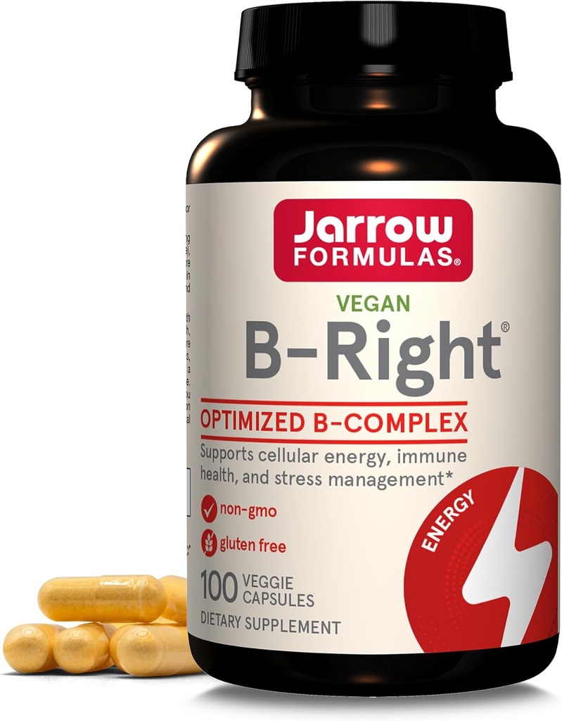 Jarrow Formulas B-Right - 100 Veggie Caps - Low-Odor Vitamin B-Complex Formula - Energy & Metabolism Support - Promotes Brain, Heart & Cardiovascular Health - 100 Servings