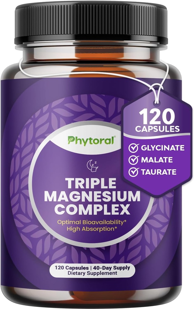 Capsules complexes de magnésium hautement potent - Triple mélange de magnésium avec du glycinate de taurat et du malate - 400mg Supplément soutient la relaxation et le bien-être général Non-OGM Vegan 120 Capsules