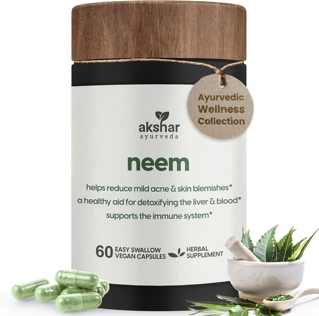 AKSHAR Ayurveda - Capsules de Neem avec extrait de Neem et poudre de Neem Leaf - Supplément de Neem à base de plantes pour soutenir la santé claire de la peau et la désintoxication - Capsules de Neem sans cruauté végétalienne (60 Nombre)