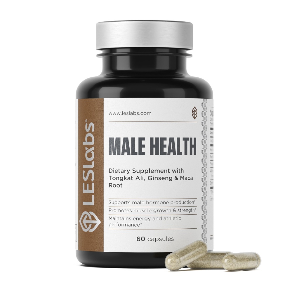 LES Labs Male Health – Améliorer la production, la force et la vitalité des hormones, la conduite et l'endurance – Tongkat Ali, Ginseng, Maca et Boron – Supplément non OGM – 60 capsules