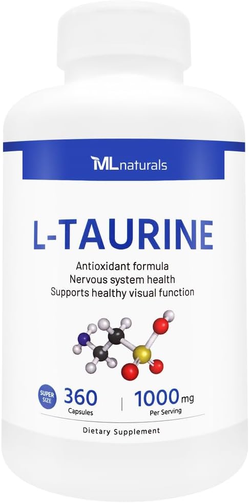 ML Naturals L-Taurine 1000 mg 360 Capsules. 99,9 % Pureté L-Taurine. Santé du système nerveux et soutien aux antioxydants, certifié NSF et conforme aux GMPc.