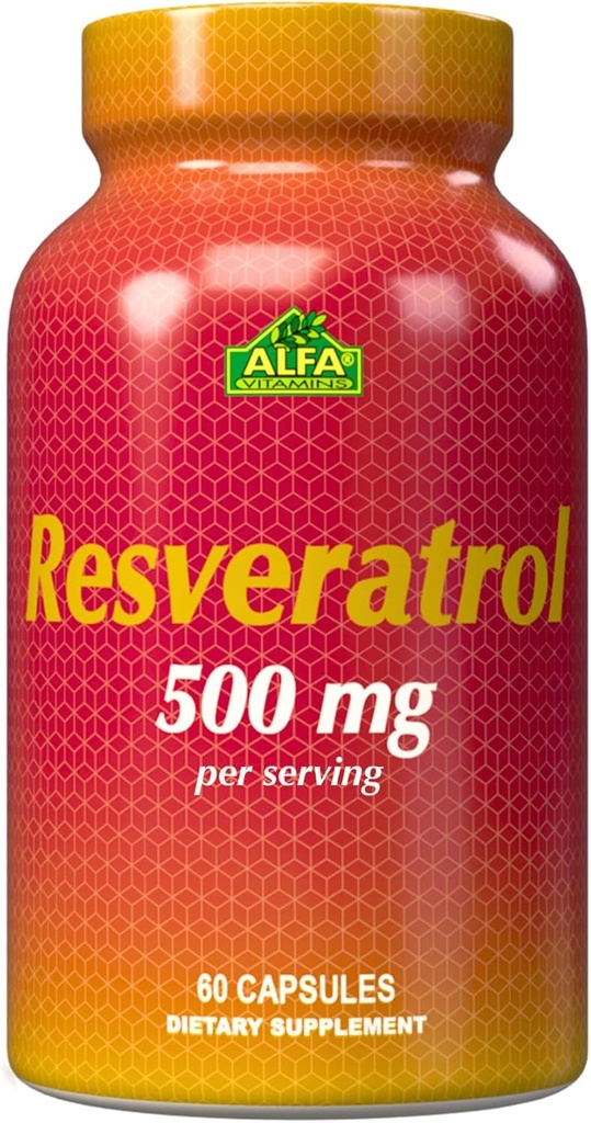 Resvératrol 1000mg par Alfa Vitamines - puissant antioxydant, aide à prévenir les dommages cellulaires - soutient la fonction cérébrale, la santé cardiovasculaire, le métabolisme, les effets anti-âge - 60 Capsules