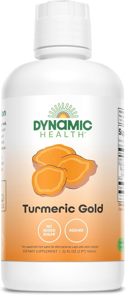 Dynamic Health Turmeric Gold, 100% Jus, Supplément Turmeric, Pas d'additifs, Support articulaire, Antioxydant, Inflammation, Vegan, Sans gluten, Non-OGM, 32 Fl Oz