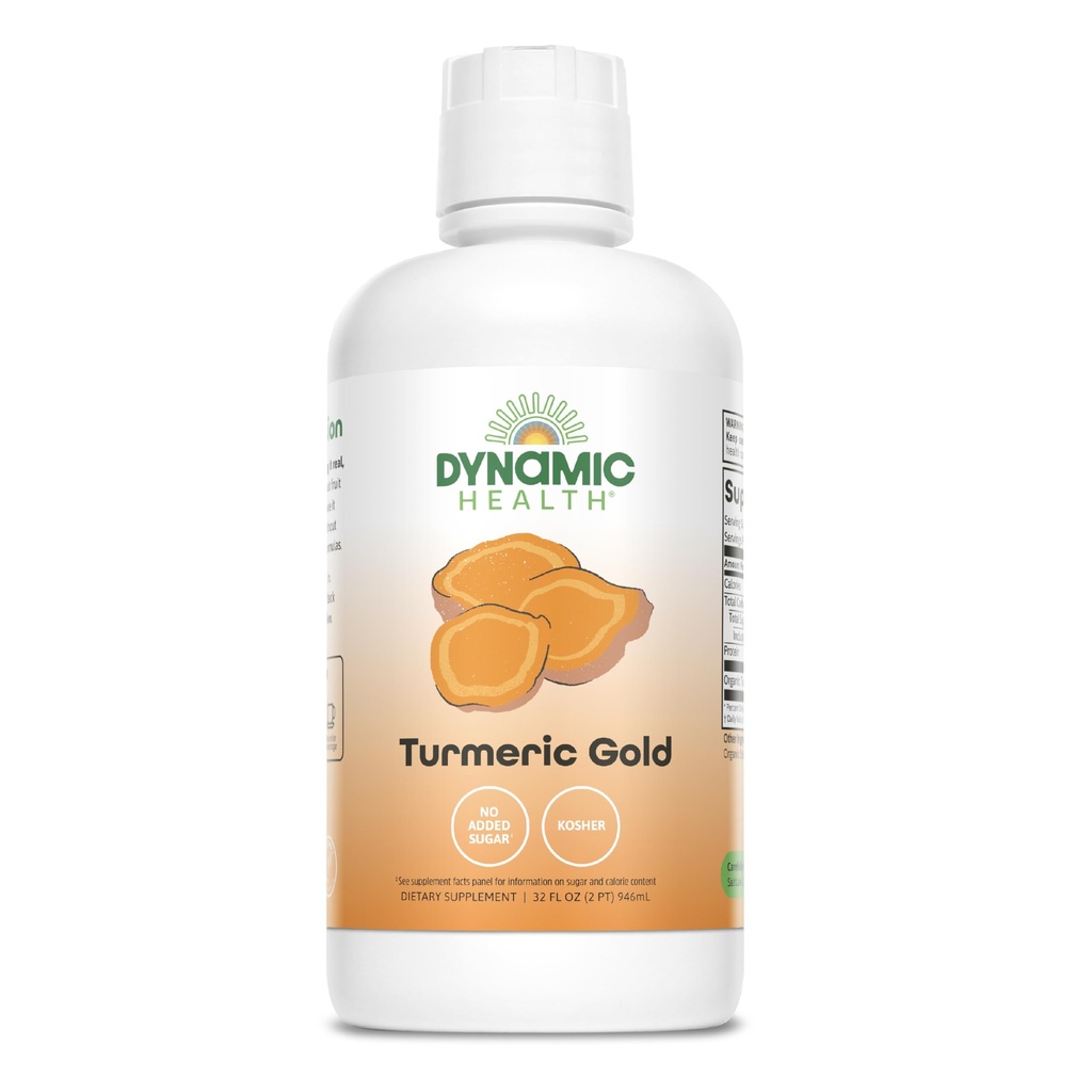 Dynamic Health Turmeric Gold, 100% Jus, Supplément Turmeric, Pas d'additifs, Support articulaire, Antioxydant, Inflammation, Vegan, Sans gluten, Non-OGM, 32 Fl Oz