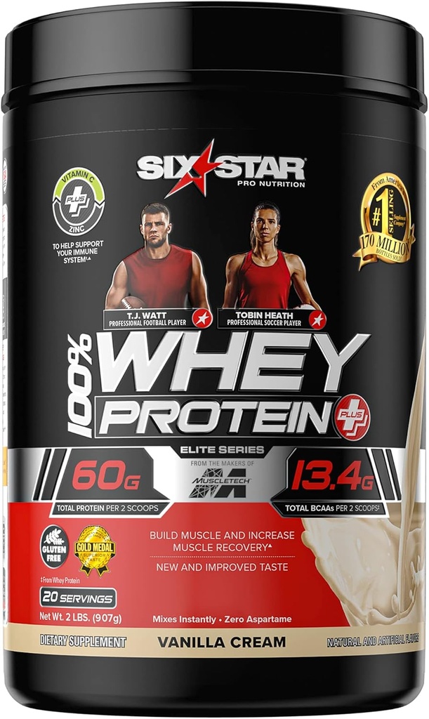 Whey Protein Powder + Immune Support | Six Star Whey Protein Plus | Whey Protein Isolate & Peptides + Muscle Builder | Lean Protein Powder for Muscle Gain & Recovery | Vanilla, 2 lbs