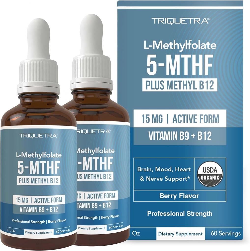 L Méthyl Folate 15mg Plus Méthyl B12 Cofactor – Organic, Berry Flavor, Professional Strength, Liquid Sublingual, Active 5-MTHF Form - Supports Mood, Homocysteine Méthylation, Cognition (1oz -2 Pack)