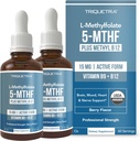L Méthyl Folate 15mg Plus Méthyl B12 Cofactor – Organic, Berry Flavor, Professional Strength, Liquid Sublingual, Active 5-MTHF Form - Supports Mood, Homocysteine Méthylation, Cognition (1oz -2 Pack)