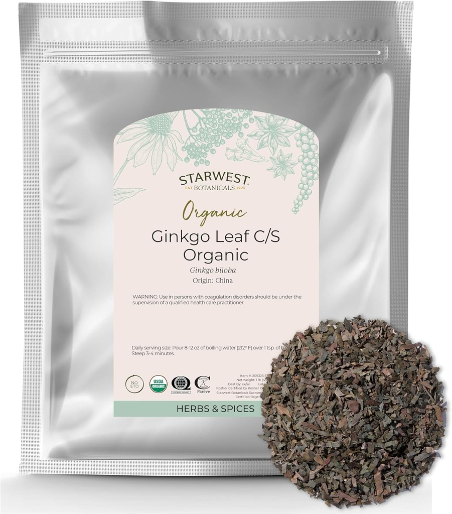 Starwest Botanicals Organic Ginkgo Leaf - Ginkgo Biloba, Herbe à feuilles longues séchées pour thé, capsules et mélanges à base de plantes, coupée et tamisée, casher certifiée, non-OGM - en vrac 1 lb Sac