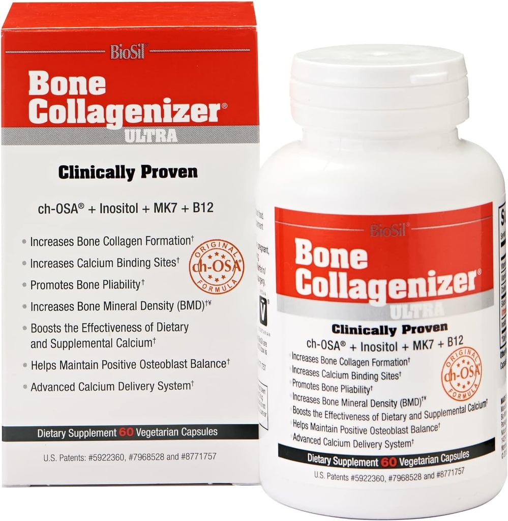 Biosil Bone Collagenizer Ultra - 60 Capsules de Veggie - avec complexe breveté ch-OSA + Choline, Inositol, MK7 et vitamine B12 - Sans OGM - 30 jours d'approvisionnement