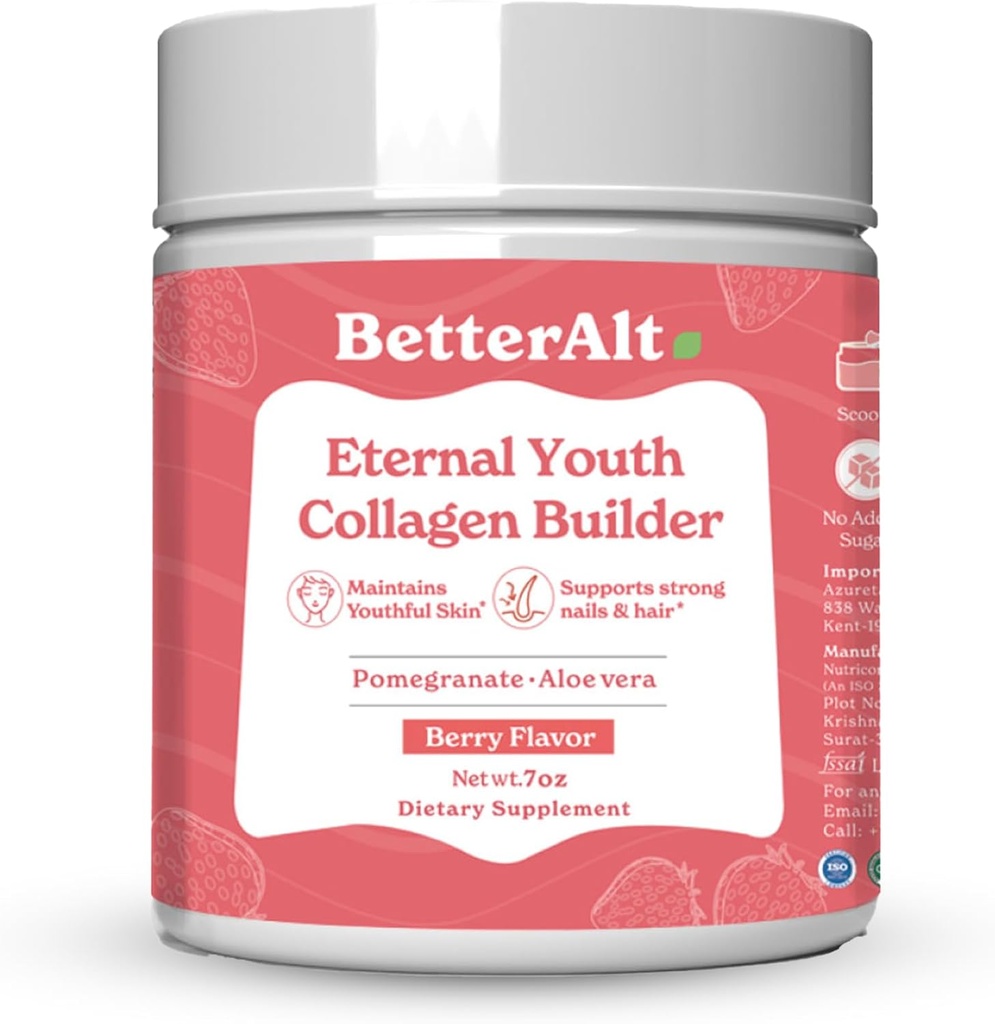Better Alt Eternal Youth Collagen Builder (Berry Flavor) 200 g pour la peau radiante, jeune et brillante aide à stimuler le collagène et fournit un soutien antioxydant.