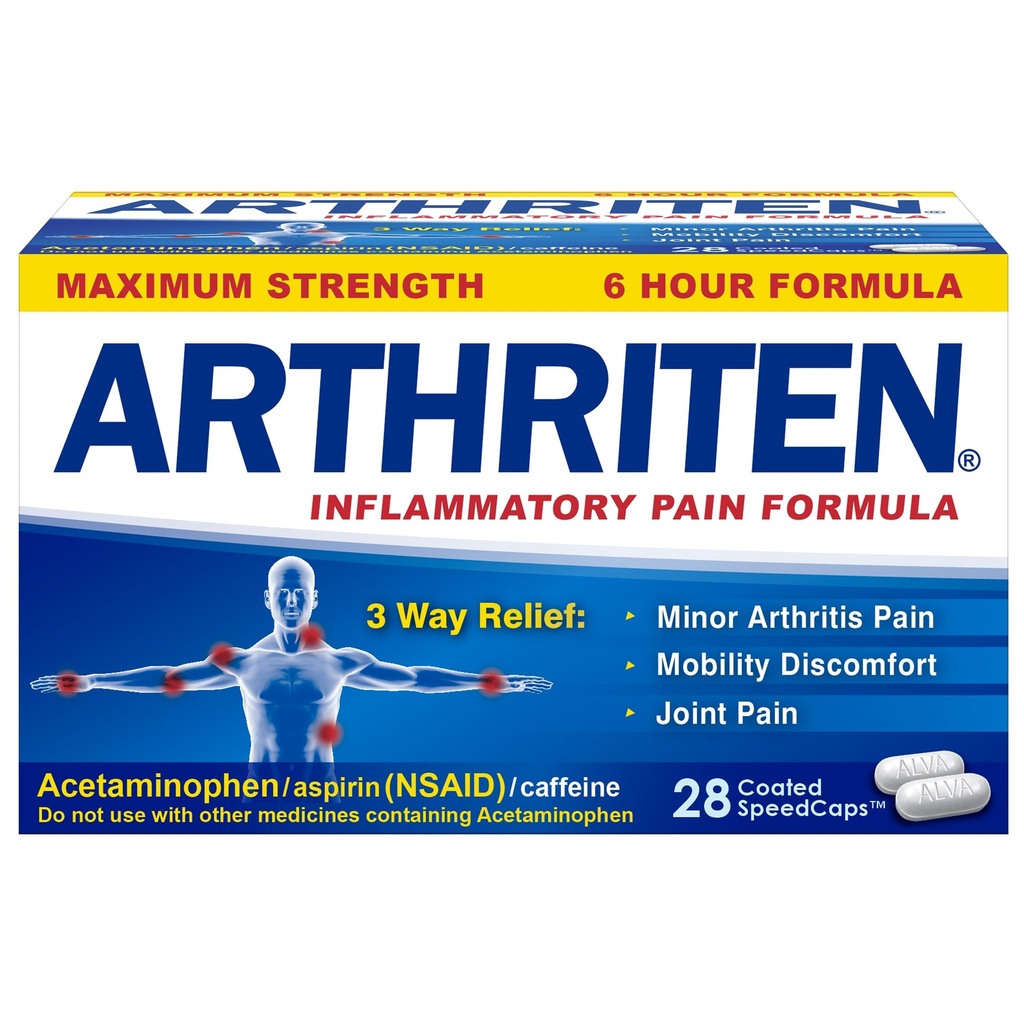 Capettes de formule de douleur inflammatoire avec 3 ingrédients actifs : Aspirine, acétaminophène et caféine, Blanc, 28 Nombre (paquet de 1)