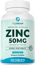 PurePremium Natural Zinc 50mg Suppléments pour les hommes/femmes - GMP-Certified High Potency Vitamine Zinc Citrate/Oxide pour les adultes, Immune Antioxydant, Soutien énergétique - 100 comprimés
