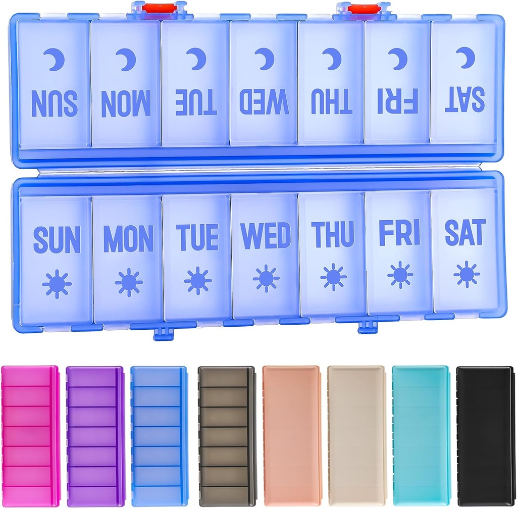 Foldable Pill Organizer 2 Times a Day w/Etched Labels -Dual Protection & Portable Weekly AM PM Pill Box, 7 Day Medicine Container, Large Travel Pill Case for Week Daily Supplement Vitamin -Clear Blue