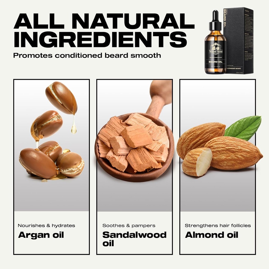 Waking Forest Beard Oil - Beard Oil for Men Thicker Beard with Vitamin E, Rosemary, Castor Mustache Oil for Black Men, Softens & Strengthens Beard Care Oil (Sandalwood, 1oz)