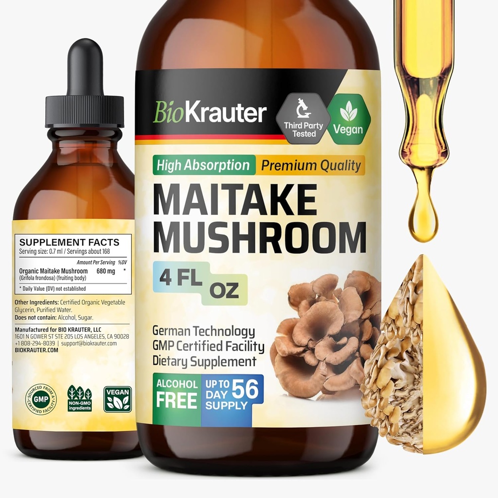 BIO KRAUTER Extrait de champignons de maitake - Supplément liquide de maitake pour le soutien immunitaire - 680 mg par portion - Vegan, alcool et sucre gouttes sans 4 Fl.Oz.
