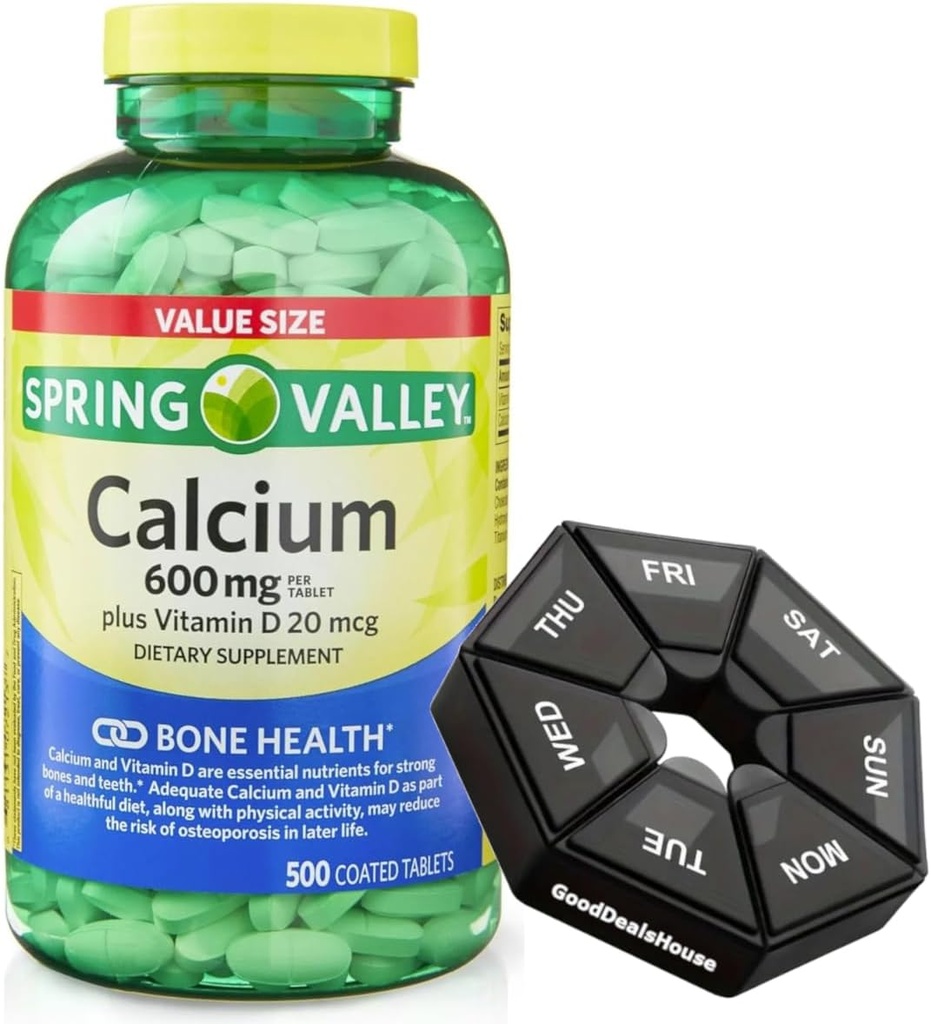 Printemps - Valley Calcium 600 mg + Vitamine D 20 mcg - 500 Compte avec la pilule hebdomadaire Organisateur GoodDealsHouse - Comprimés de supplément alimentaire os santé