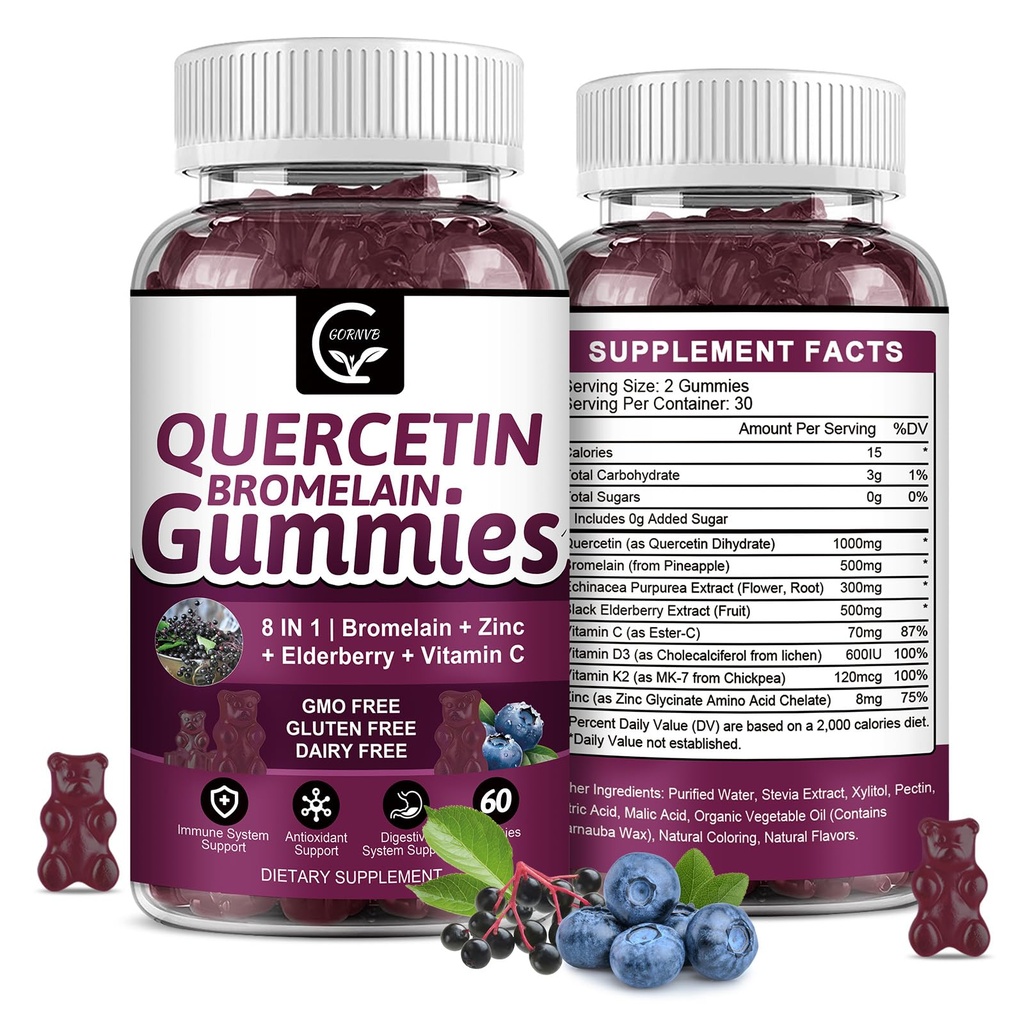 Gummies Quercetin avec Bromelain 2378mg - Mélange avec Elderberry, Echinacea Purpurea Extract, Zinc, Vitamine C,D3,K2, Complexe Supports Immune, Cardiovasculaire & Respiratoire, Gummy Vegan pour Adulte & Enfant