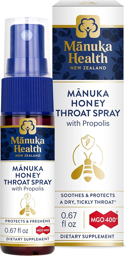 MANUKA SANTE, Manuka Honey Throat Spray avec propolis .67 fl oz, Protège et rafraîchit, MGO 400+, BIO30 New Zealand Propolis