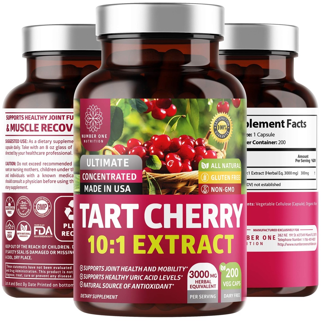 N1N Capsules d'extrait de cerise à tart premium, 200 gélules, 3000 mg, puissant antioxydant, santé et mobilité articulaires, sans OGM, sans gluten, 200 gélules