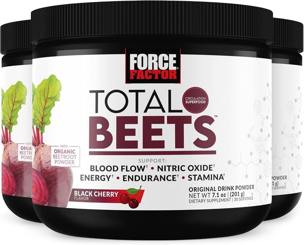 FACTEUR DE FORCE Total des betteraves Superfood Beet Root Powder 3-Pack, Nitrates pour soutenir la circulation, le flux sanguin, l'oxyde nitrique, l'énergie, l'endurance, l'endurance, l'endurance, supplément de santé cardiaque cardiovasculaire, 90 portions