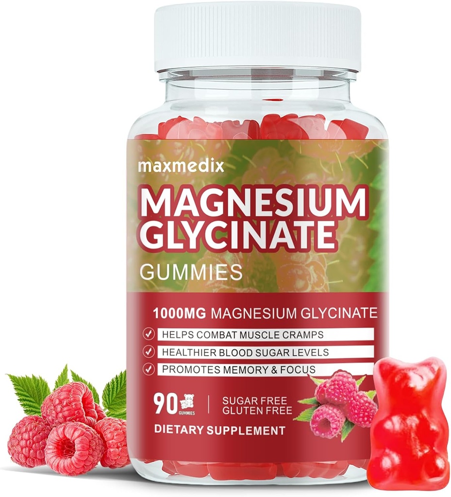 Glycinat de magnésium Gommies 1000mg, Suppléments de potassium de magnésium sans sucre Chewable pour adultes avec L-Thréonate pour le sommeil, le soutien corporel et la relaxation,90 Gommies de framboises
