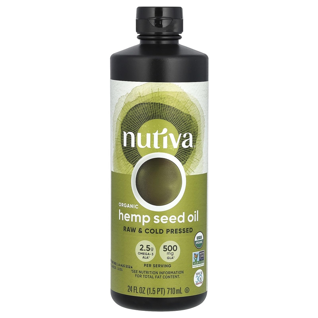 Nutiva Huile de chanvre brut biologique pressée à froid, 24 once, USDA Organique, non OGM, entière 30 Approuvé, végétalien, sans gluten et kéto, riche en acides gras oméga 3 et 6