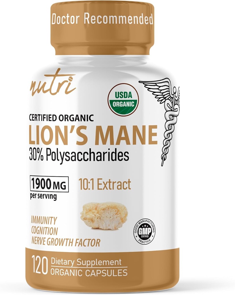 Nature's Fusions Nutri Organic Lions Mane Supplément Capsules - 1900 mg, 10:1 Extraction double, 120 Compte - Extrait de champignons (corps de fruits) - Testé par une tierce partie