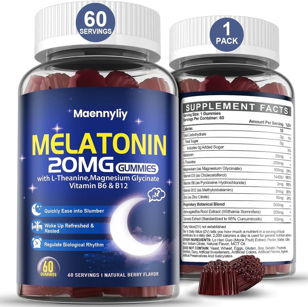 Mélatonine 20mg Gommies pour adultes - Sans sucre Gommies sans mélatonine Force supplémentaire avec L-Theanine, Magnésium, Ashwagandha, Turmeric, D3 & Zinc - Non-Habit Former