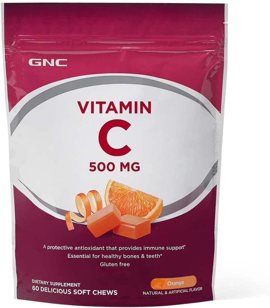 GNC Vitamine C Soft Chews 500mg, Orange, 60 Chews, soutient la résistance naturelle
