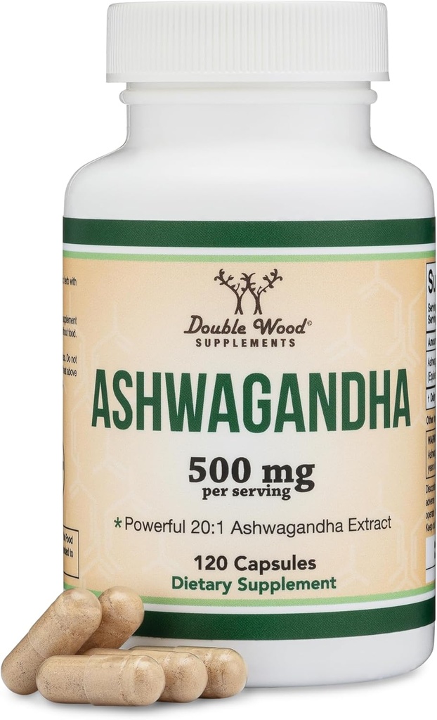 Ashwagandha Capsules, 120 Count (500mg Extract 20:1 Potency) Adaptogen Stress Relief by Double Wood