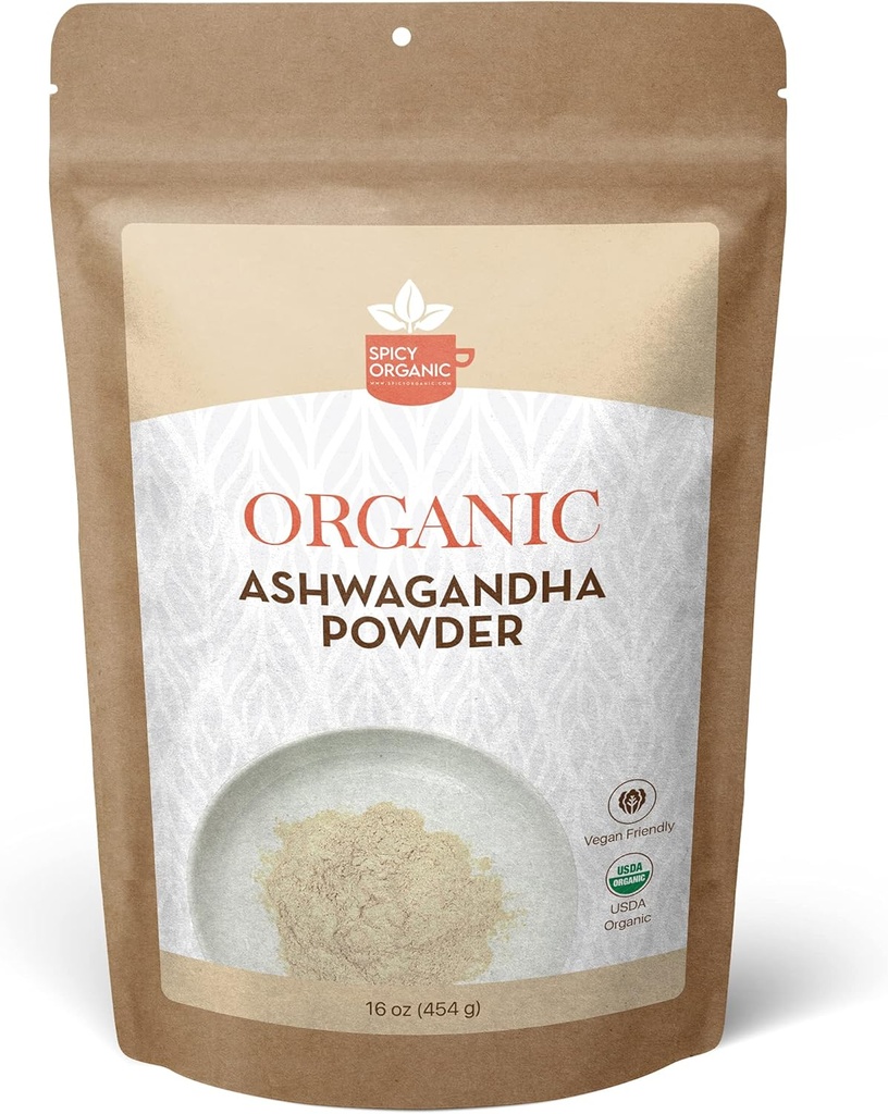 SPICY Organic Ashwagandha Root Powder – 1 lb., Non-OGM, 100% brut de l'Inde – Ginseng indien (Withania Somnifera) – support de stress naturel, énergie et santé immunitaire