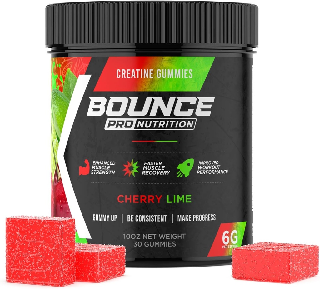 Bounce Pro Gommies monohydratées pour les hommes et les femmes, Basse calories, 6G de créatine par portion, Vegan, Anti-Melting, Sans gluten, Non-OGM, 2g de créatine par Gummy (30ct, Cherry Lime)