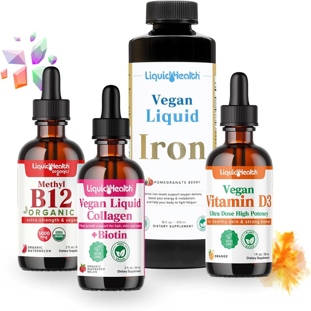 LIQUIDHEALTH Vegan Daily Essentials Kit de démarrage de vitamine avec des gouttes de méthyle biologique B12, collagène liquide végétal + biotine, fer liquide, gouttes de vitamine D3 - 100% Vitamine à base végétale, Fabriqué aux États-Unis