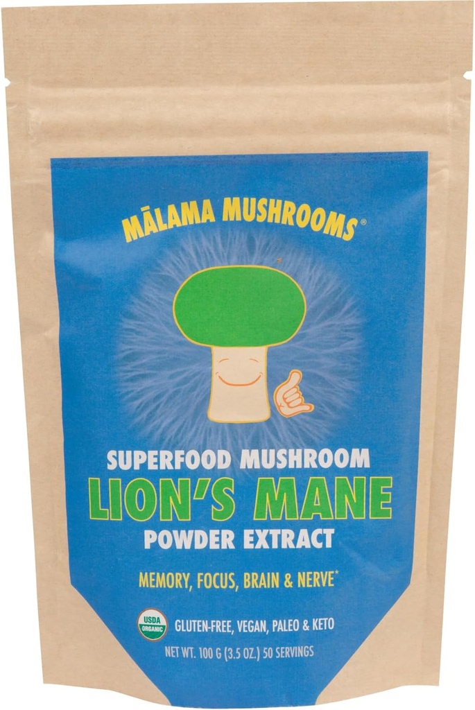 Poudre d'extrait de lion par Malama, Poudre de champignons pour le corps à fruits biologiques, Superfood Adaptogène, Supporte la mémoire, Focus, Cerveau et Nerves