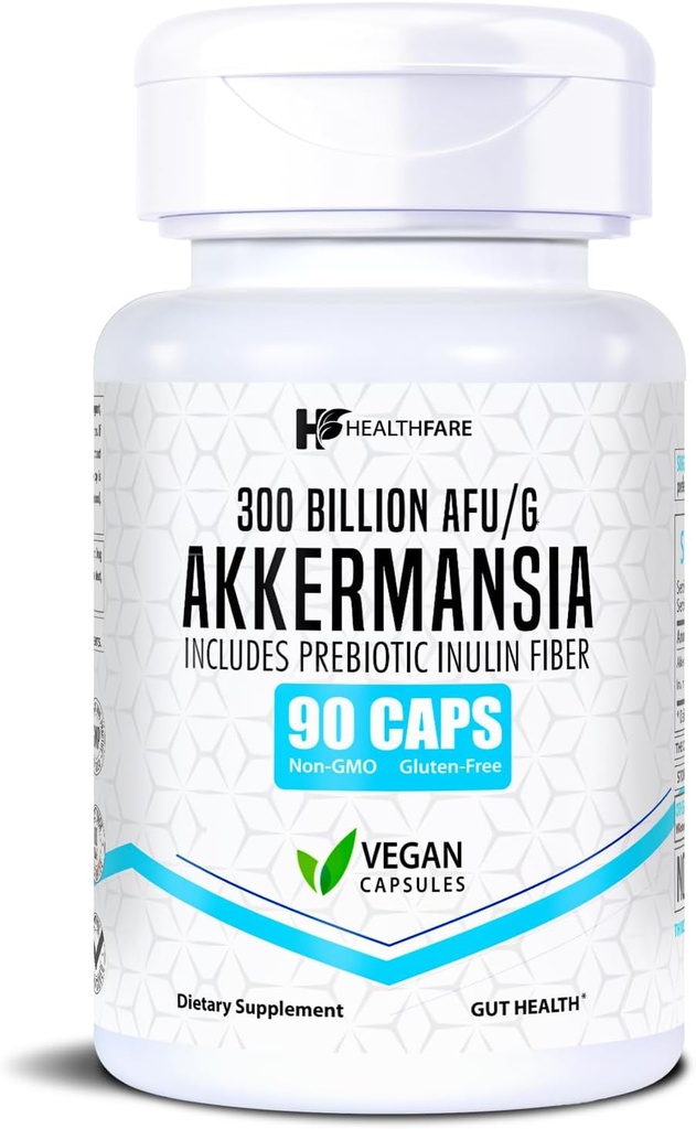 Healthfare Akkermansia Muciniphila Probiotic | 300 Billion AFU | 90 Vegan Capsules | Inulin Prebiotic for Gut Health & Digestive Support | Non-GMO, Gluten-Free | Made in USA